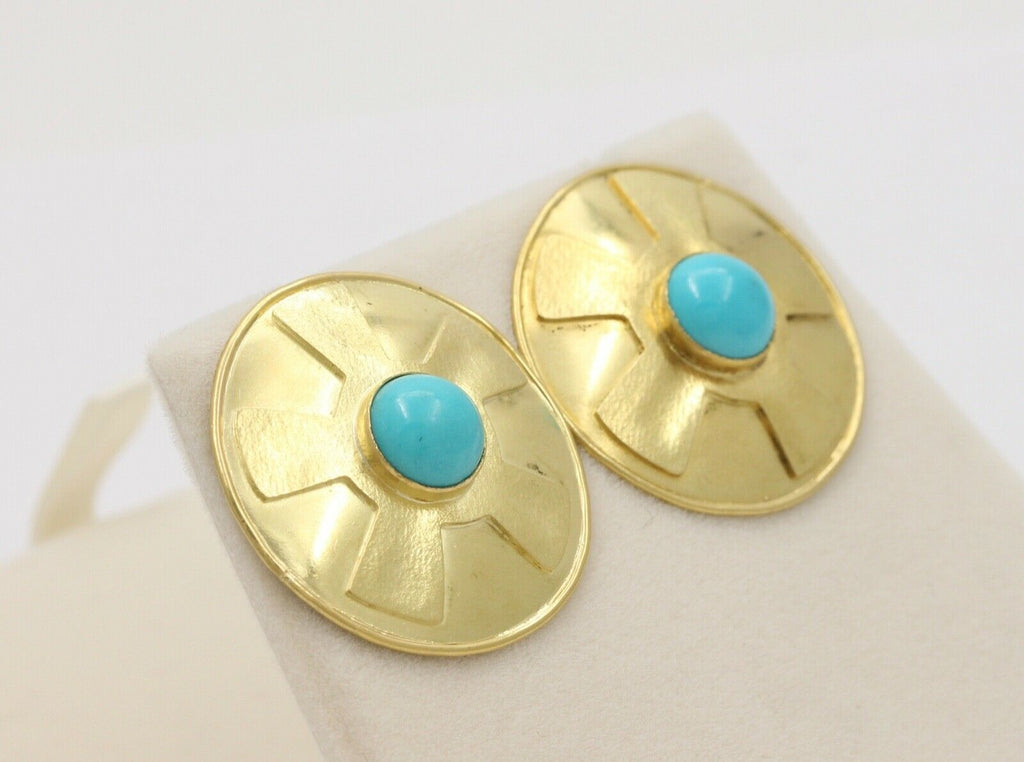 Vintage Natural Turquoise Funky Disk 18K Gold Post Back Earrings