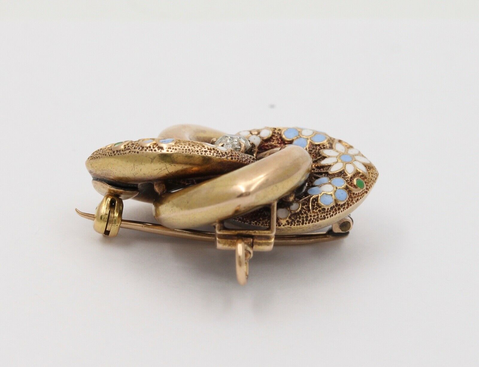 Victorian Etruscan Revival 14K YG Enamel Flowers Old Euro Diamond Brooch Pendant