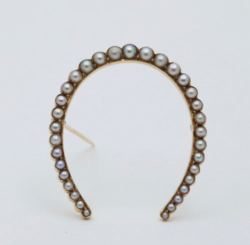 Antique Edwardian 14K Yellow Gold Pearl Horseshoe Brooch