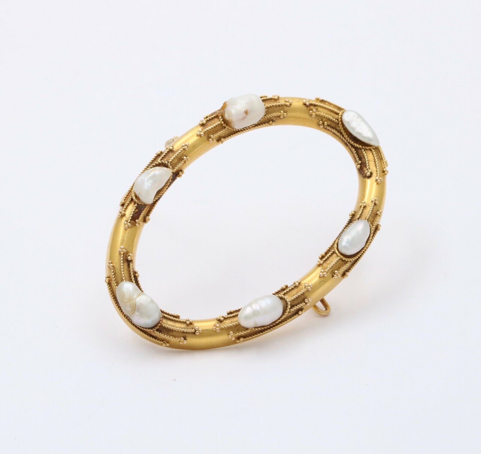 Victorian Etruscan Revival 14K Yellow Gold Baroque Pearl Oval Brooch Pin
