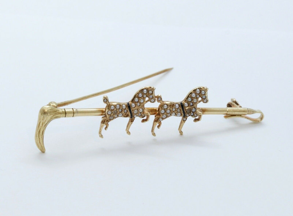 Victorian Horse and Crop 14K Yellow Gold Seed Pearls Brooch Pin