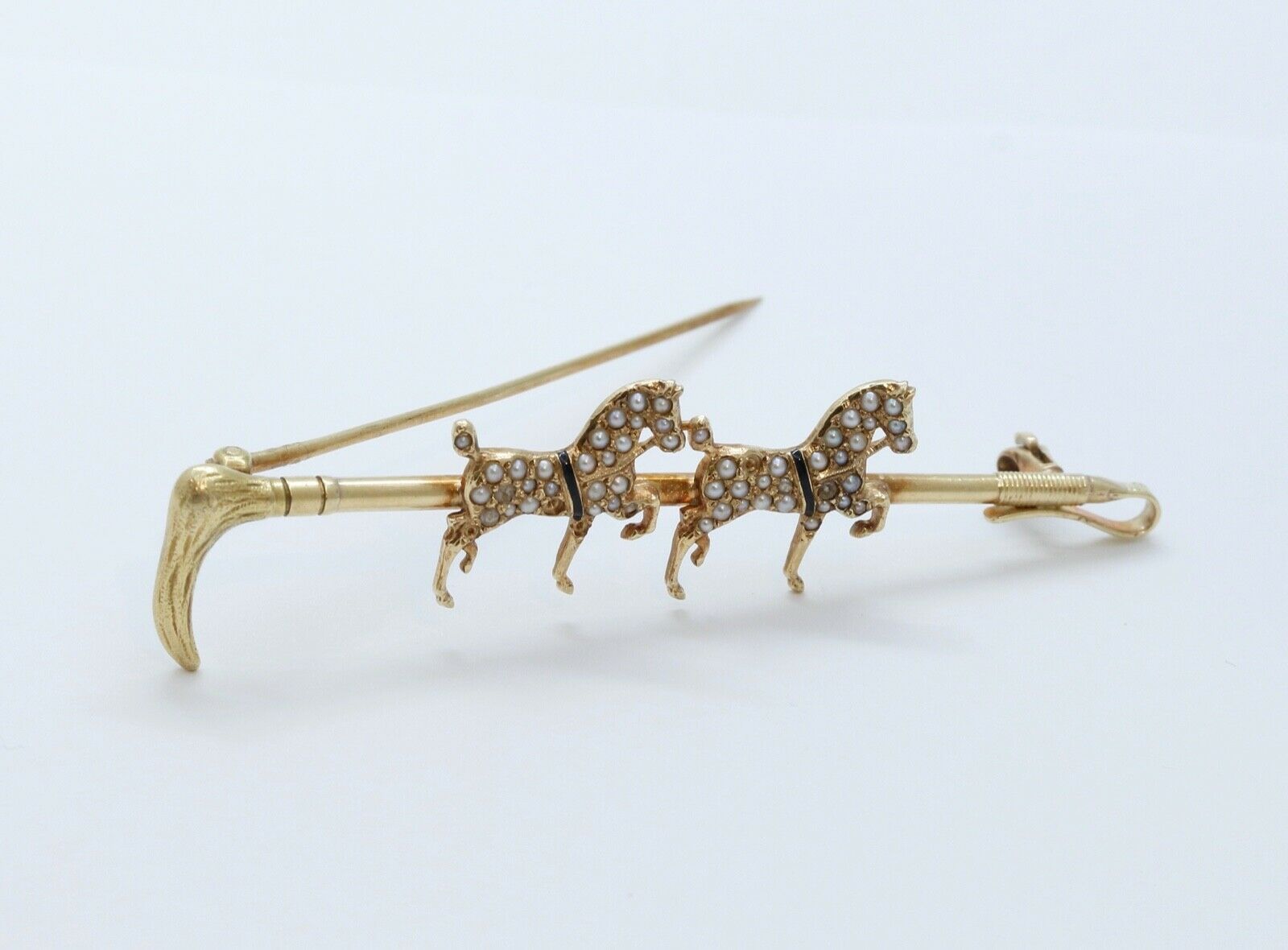 Victorian Horse and Crop 14K Yellow Gold Seed Pearls Brooch Pin