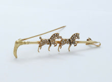 Load image into Gallery viewer, Victorian Horse and Crop 14K Yellow Gold Seed Pearls Brooch Pin
