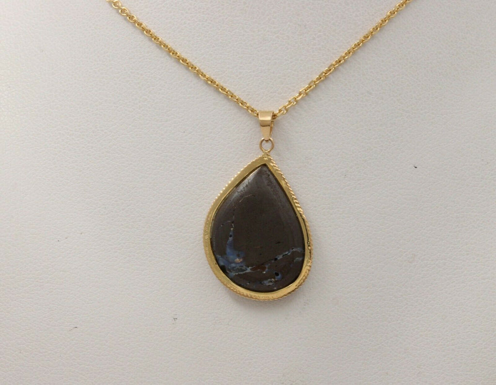 Vintage Drop Shape Boulder Opal 14K Yellow Gold Pendant, Necklace.
