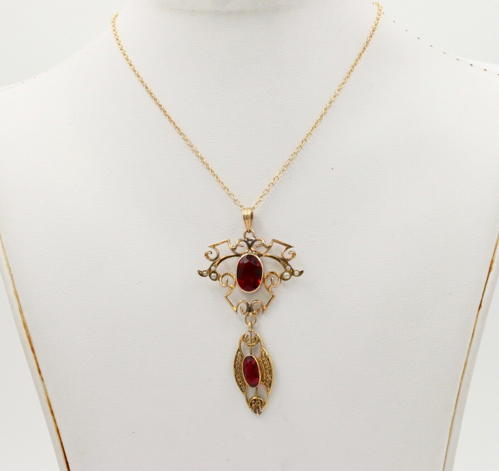 Art Nouveau Garnets 10K Yellow Gold Chandelier Pendant 14K Chain