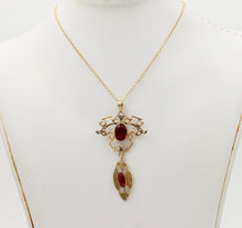 Load image into Gallery viewer, Art Nouveau Garnets 10K Yellow Gold Chandelier Pendant 14K Chain
