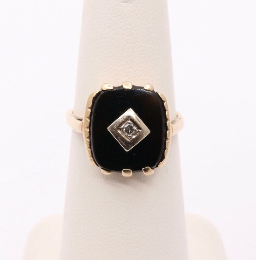 Art Deco Diamond Onyx 14K Yellow White Gold Unisex Ring