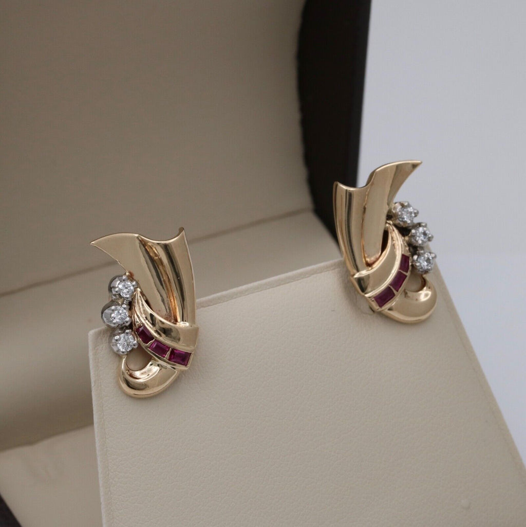 Vintage Retro 14K Yellow Gold Ruby & Diamond Earrings