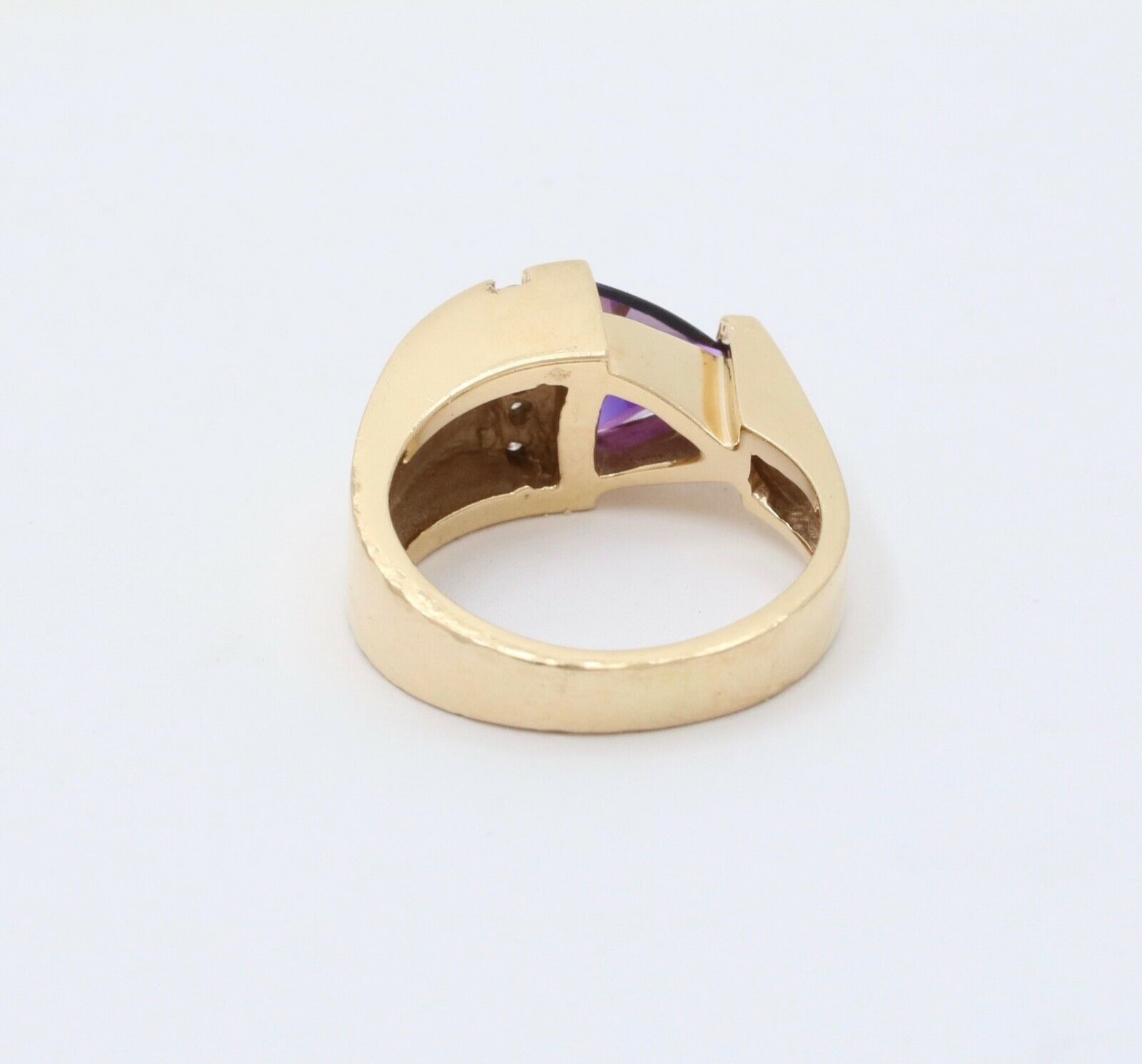 MidCentury 14K Yellow Gold Geometric Siberian Triangle Amethyst Diamond Ring Ban