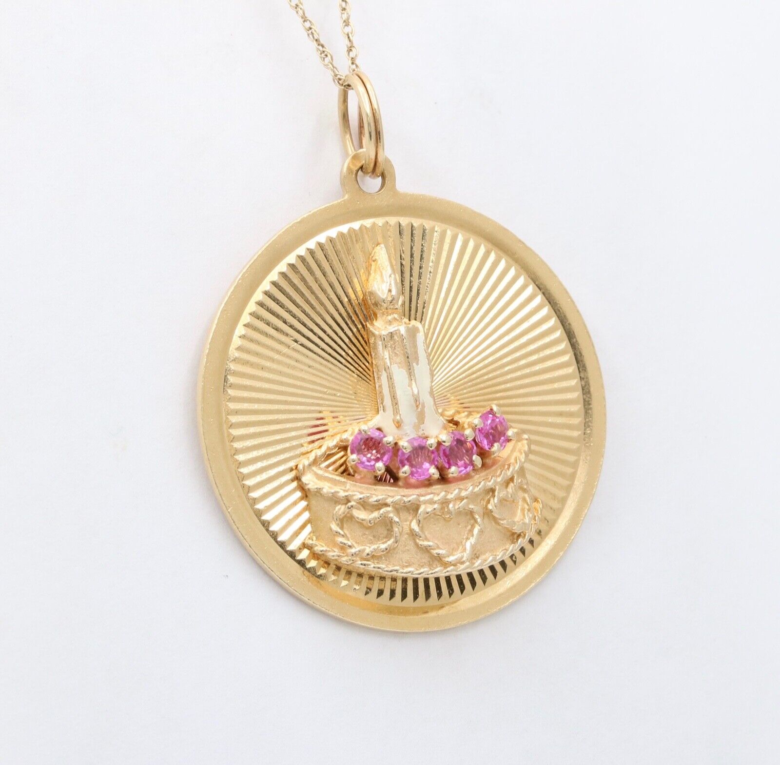 Vintage 14K Yellow Gold Happy Birthday Pendant Rubies Enamel