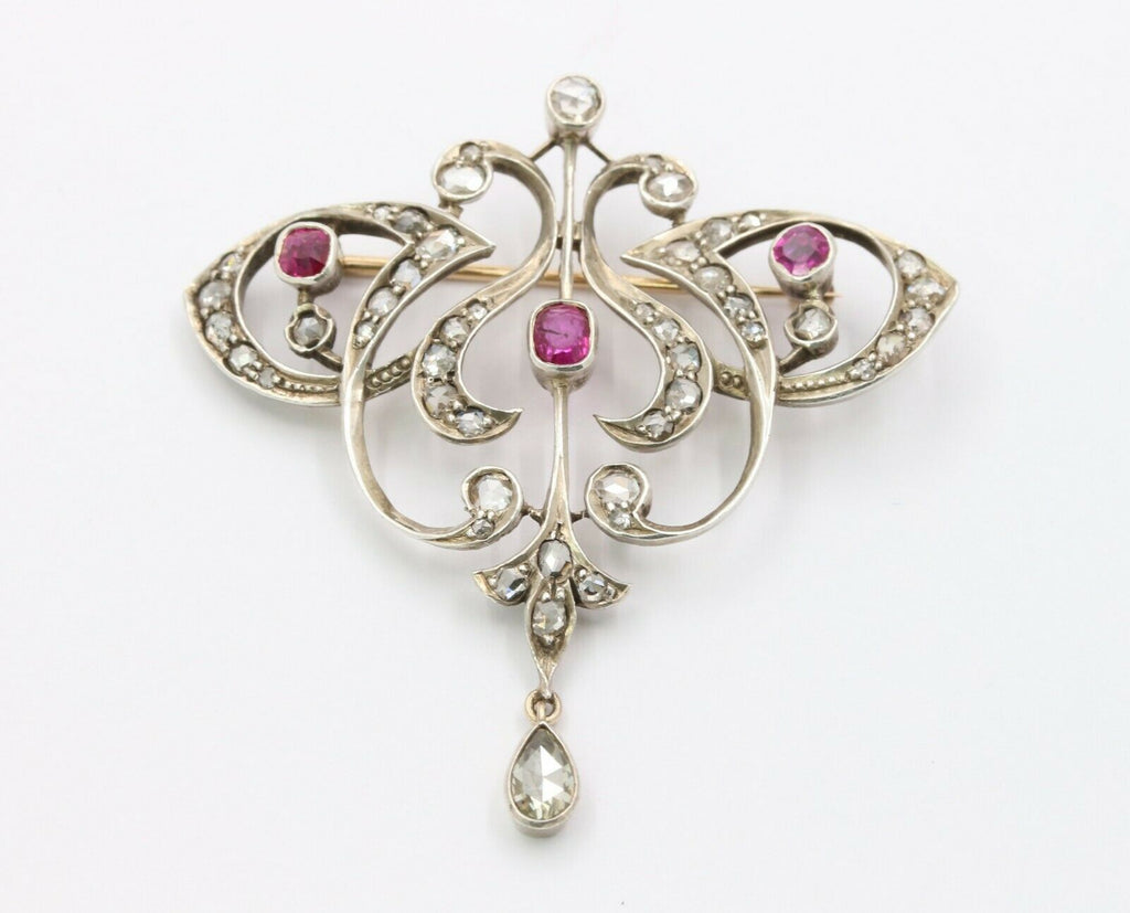 Edwardian 18K & Silver Diamond Ruby Brooch