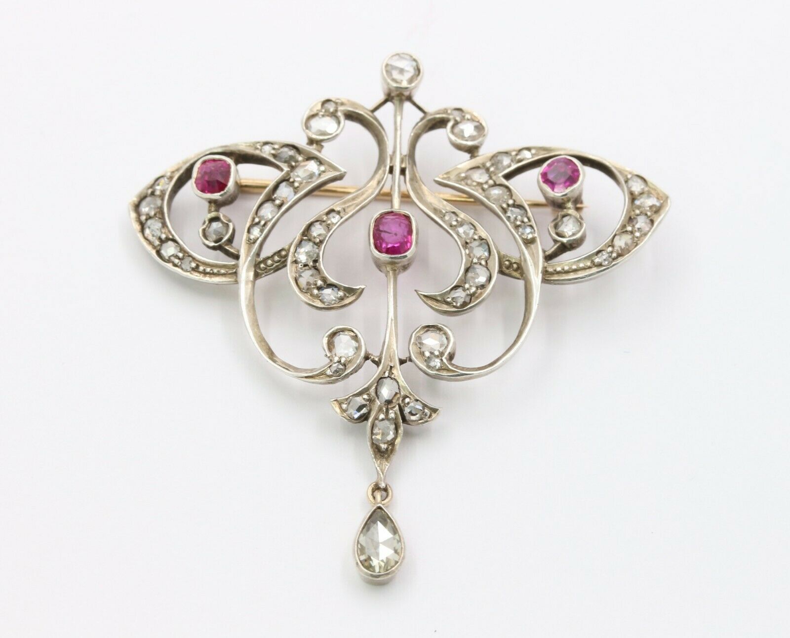 Edwardian 18K & Silver Diamond Ruby Brooch