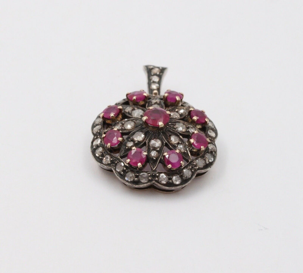 Victorian Rubies Diamonds 14K Rose Gold Silver Pendant