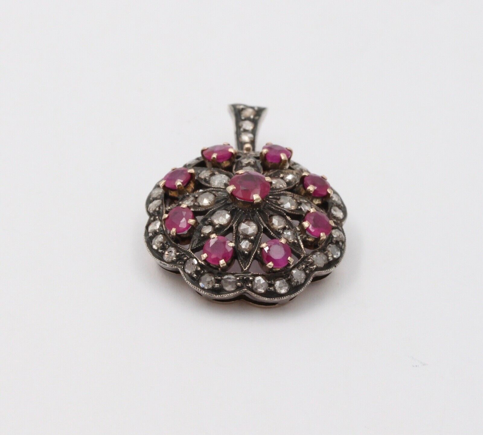 Victorian Rubies Diamonds 14K Rose Gold Silver Pendant