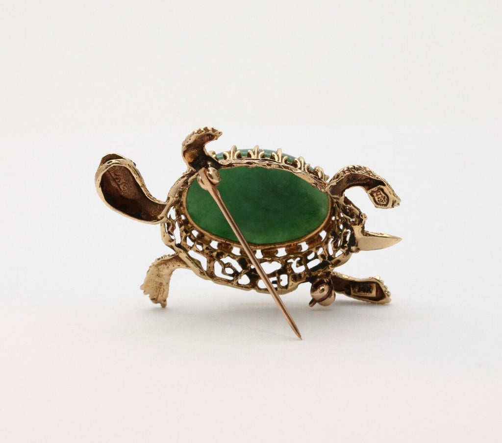 Vintage 14K Gold Turtle Jadi Jade Brooch Pin.