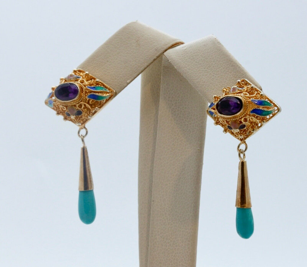 Vintage 1940's Gold Gilt Turquoise Amethyst Enamel Earrings