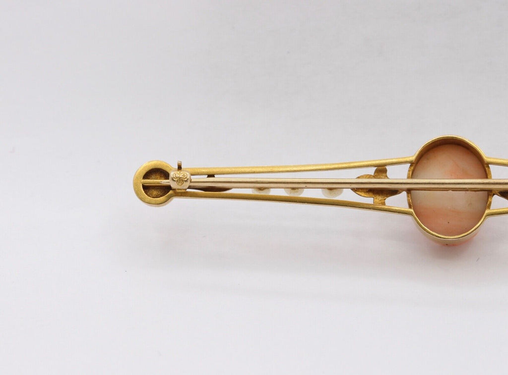 Antique Ladies 14K Yellow Gold Carved Coral Pearls Brooch Pin