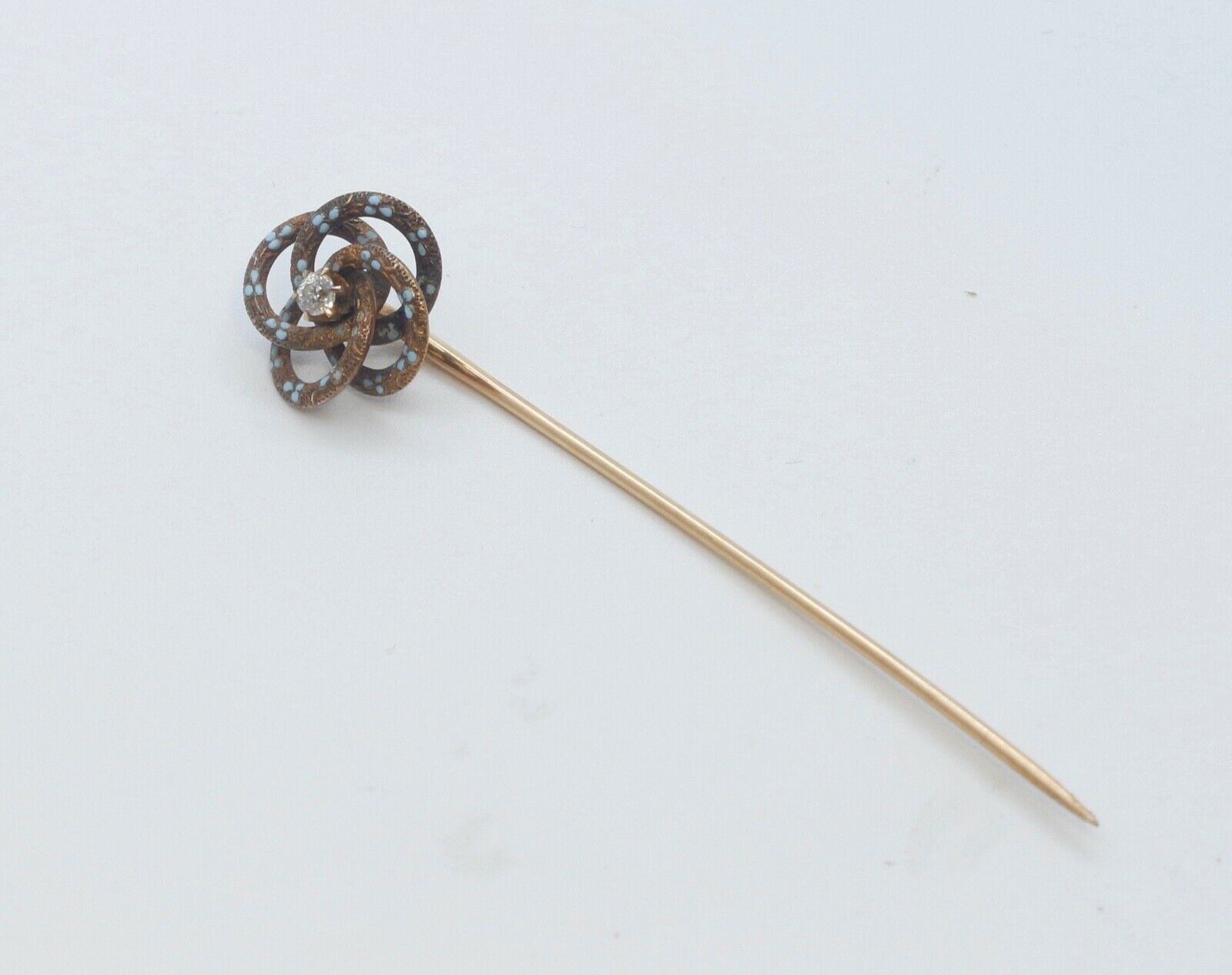 Rare Victorian Diamond Enamel 14K Yellow Gold Stick Pin
