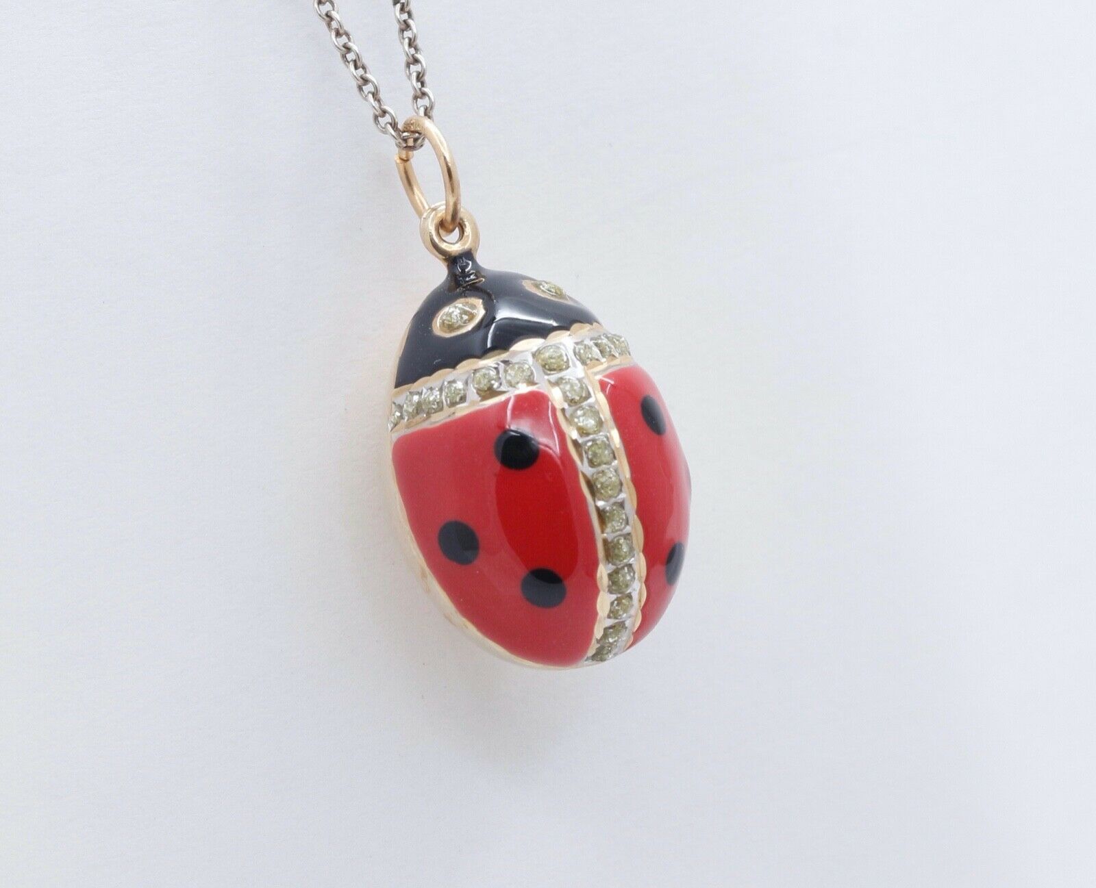 Cute Ladybug 14K Yellow Gold Diamonds Enameled Pendant Charm