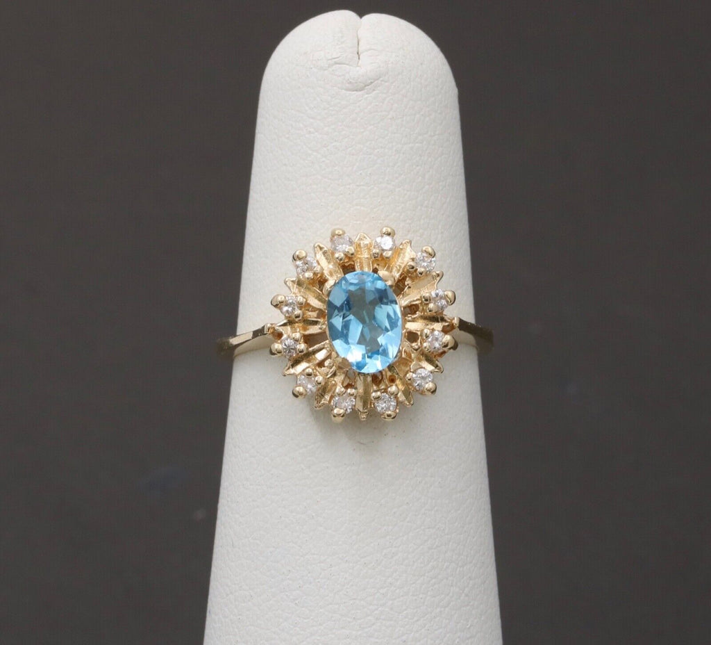 Vintage Blue Topaz Diamonds 14K Yellow Gold Cocktail Ring
