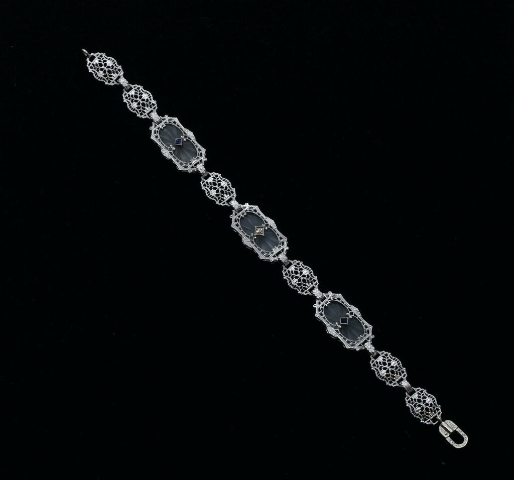 Art Deco Sapphires Diamonds Art Glass 14K White Gold Filagree Bracelet