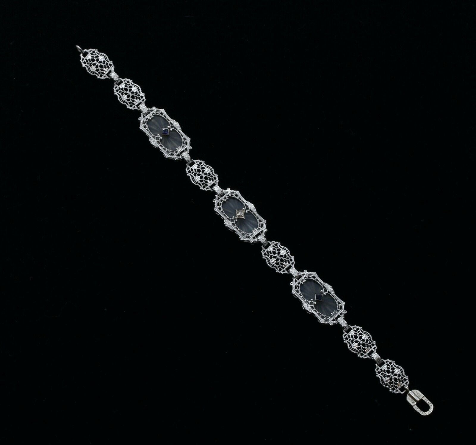 Art Deco Sapphires Diamonds Art Glass 14K White Gold Filagree Bracelet