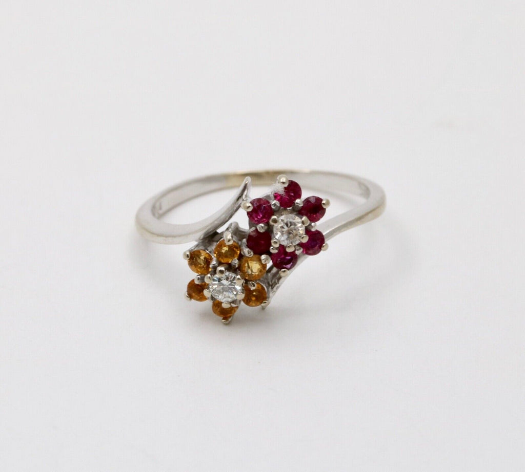 Vintage Flower Multi Stone 14K White Gold Ring
