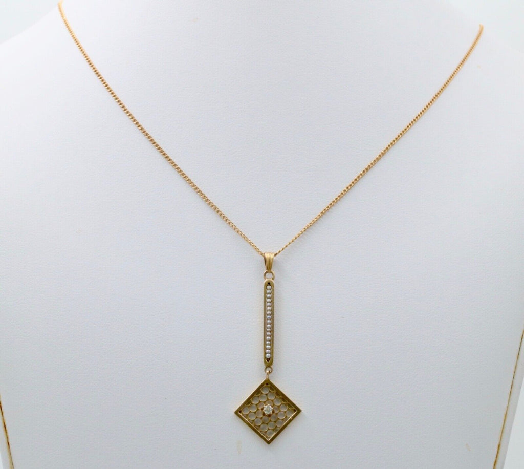 Edwardian Diamond & Pearl Lavaliere Pendant, Antique 10k Yellow Gold Necklace