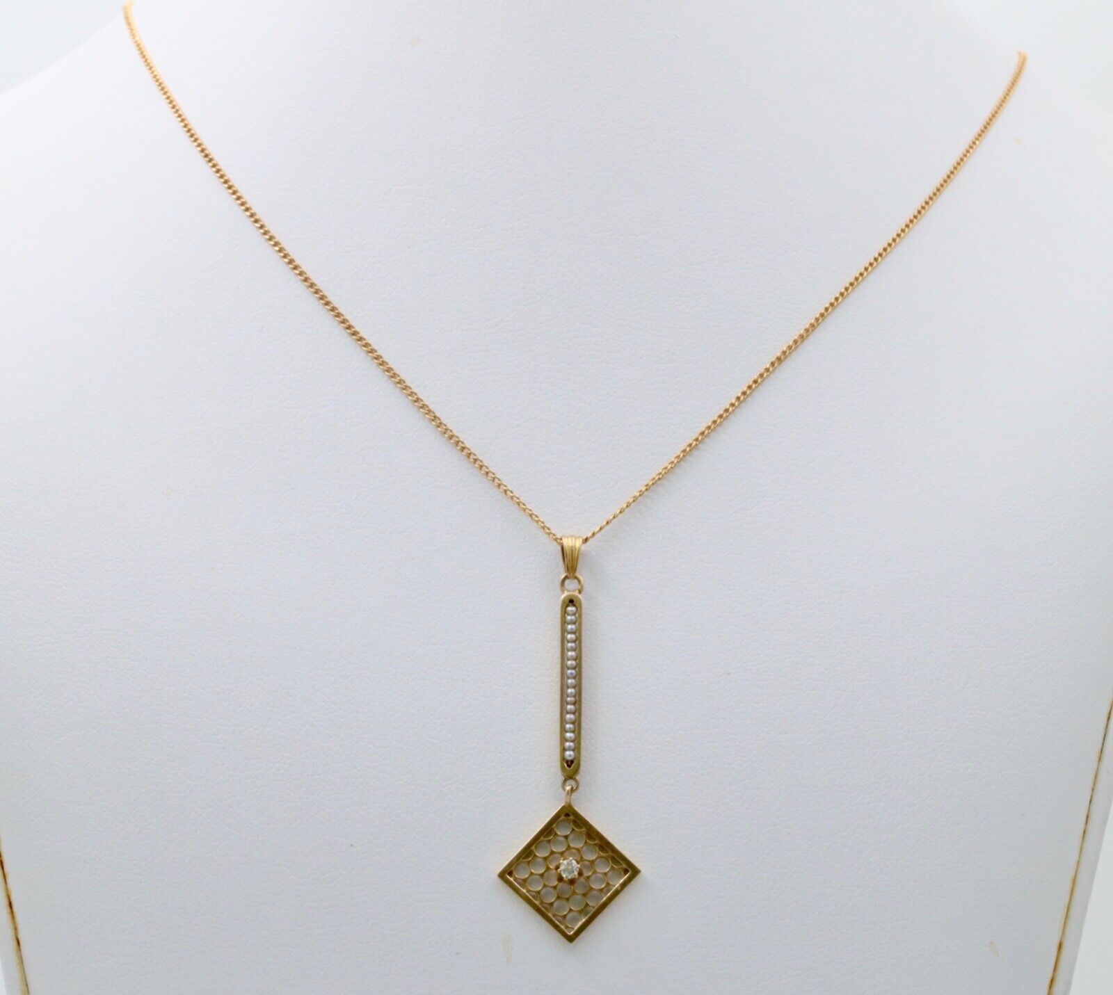 Edwardian Diamond & Pearl Lavaliere Pendant, Antique 10k Yellow Gold Necklace