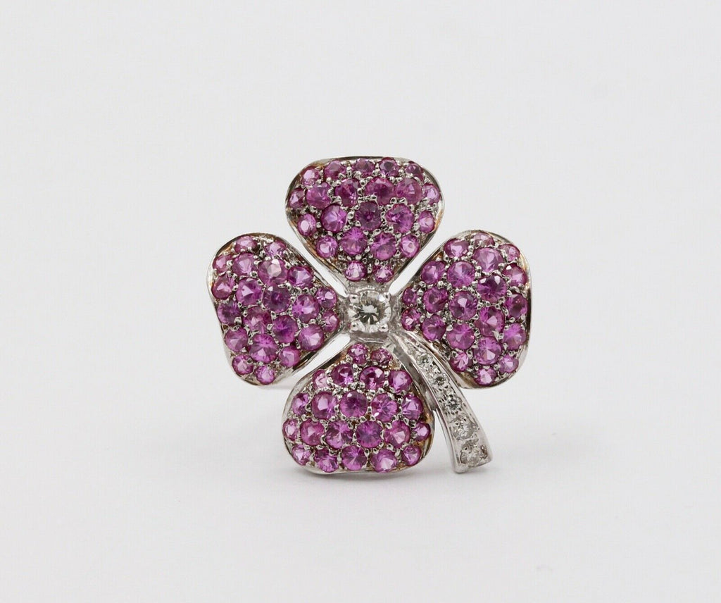 Vintage Four Leaf Clover Rubies Diamonds 14K White Gold Pendant Brooch Pin
