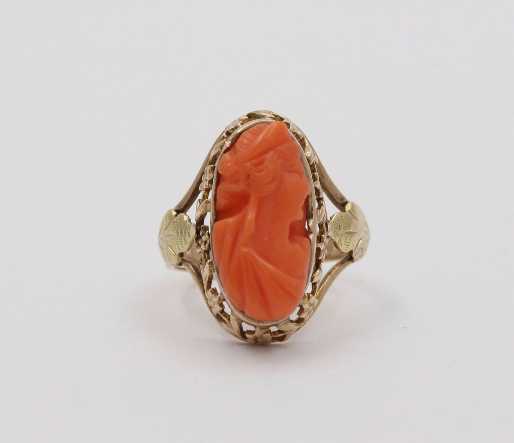 Antique Victorian Carved Coral Woman’s Portrait Two Tone Gold Ring