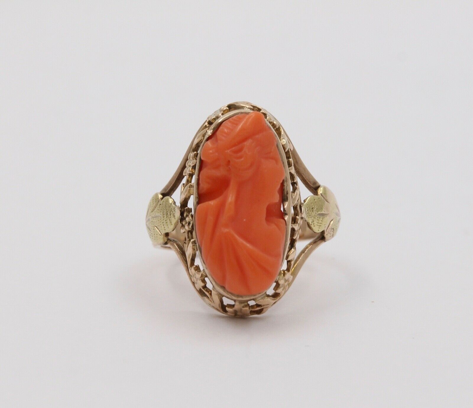 Antique Victorian Carved Coral Woman’s Portrait Two Tone Gold Ring