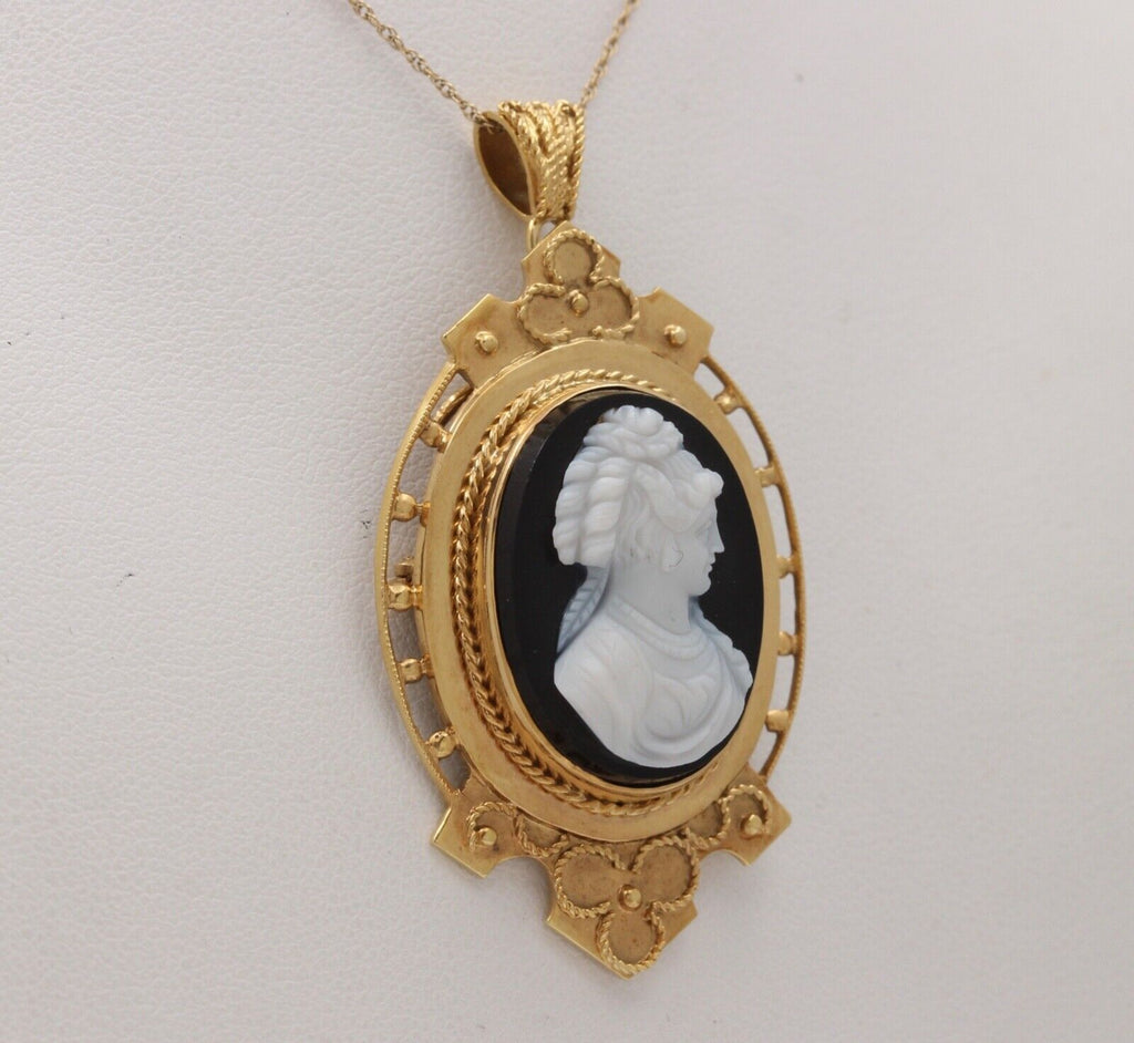 Antique 10K Yellow Gold Onyx Cameo Pendant Brooch