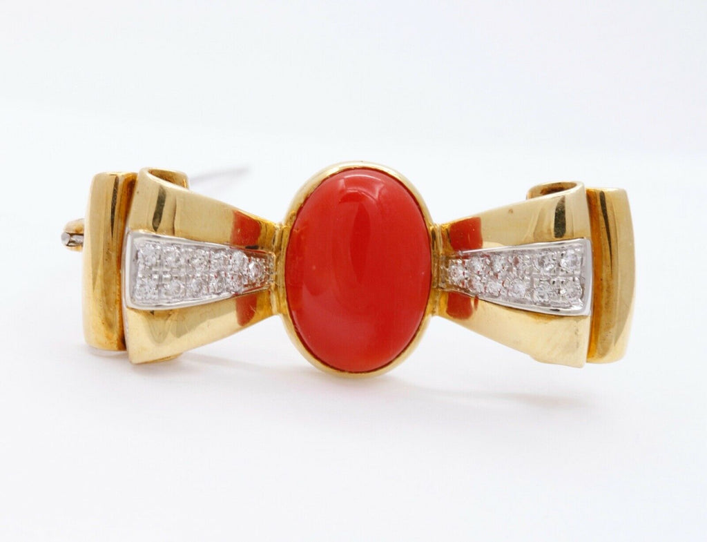 Vintage Red Coral Diamonds 18K Yellow White Gold Brooch Pin