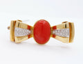 Vintage Red Coral Diamonds 18K Yellow White Gold Brooch Pin