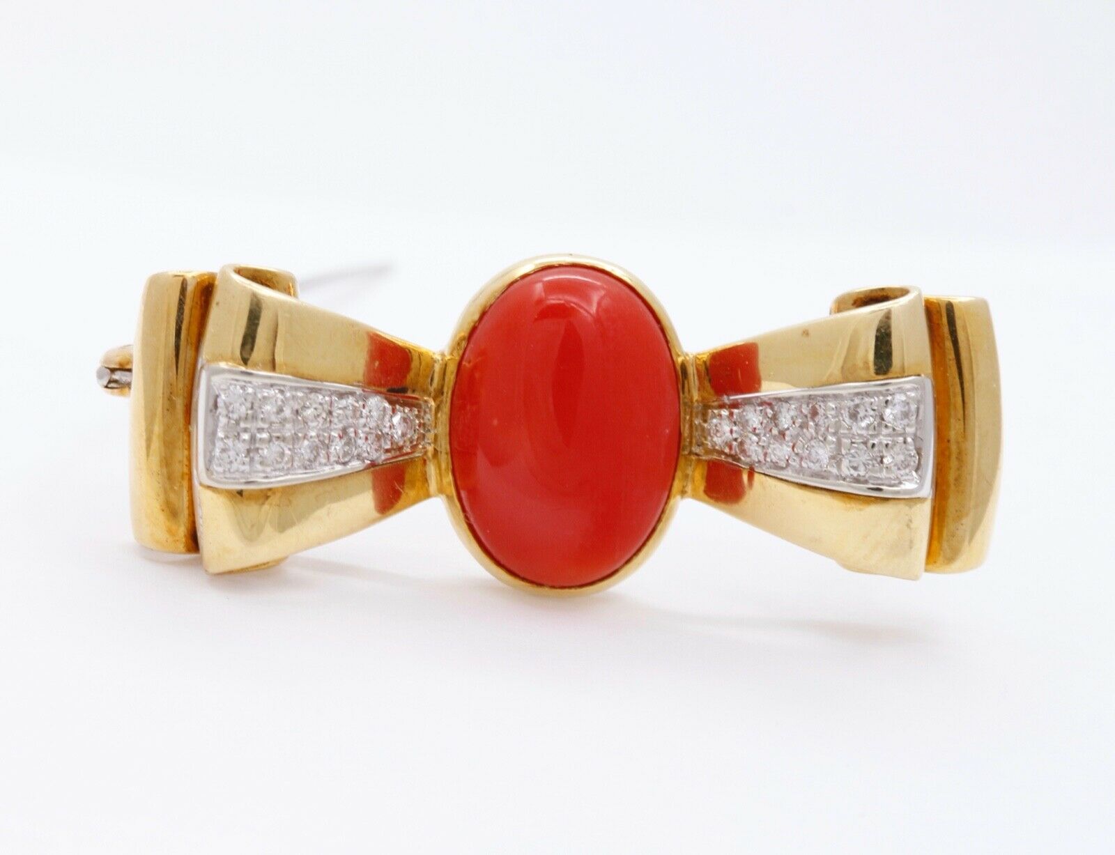 Vintage Red Coral Diamonds 18K Yellow White Gold Brooch Pin