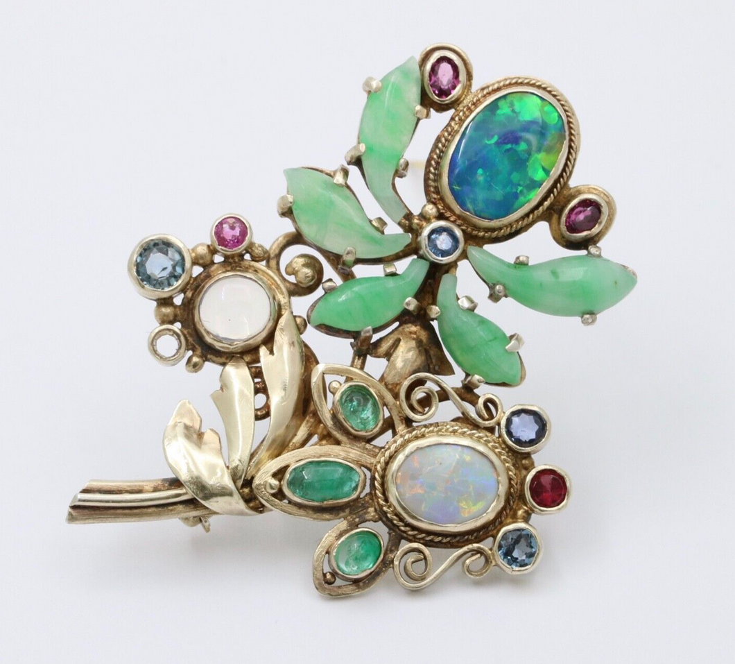 Antique Silver Art & Craft Opal & Jade Flower Brooch.