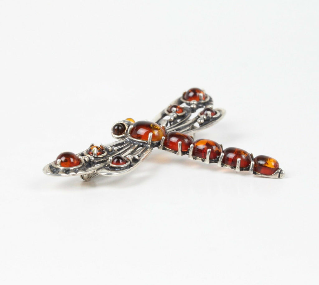Vintage Dragonfly Amber Sterling Silver Ladies Brooch Pin