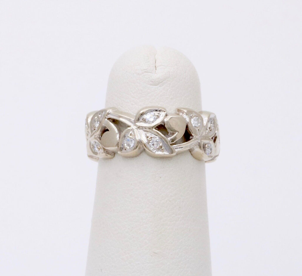 Vintage 14K White Gold Diamond Wide Ring Band.