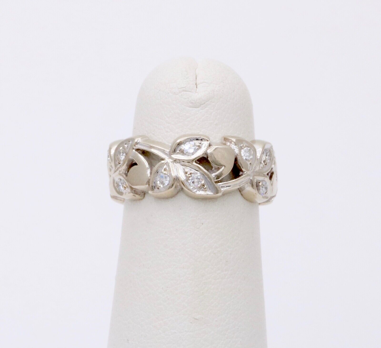 Vintage 14K White Gold Diamond Wide Ring Band.
