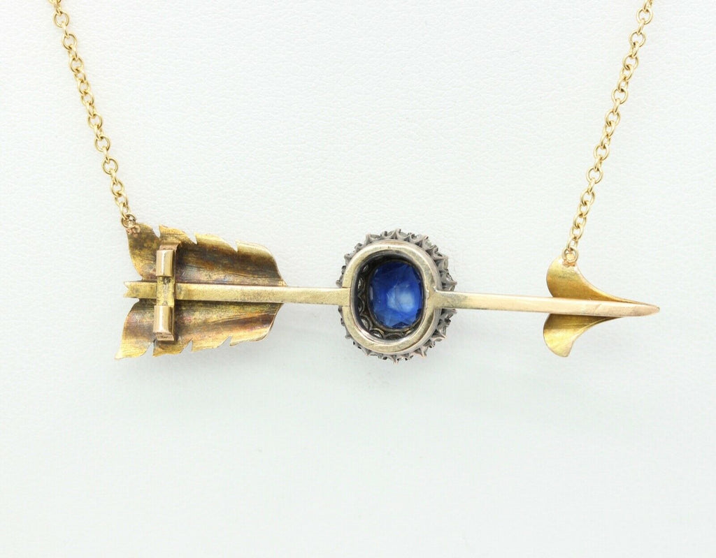Victorian Russian 14K Yellow Gold Sapphire Rose Cut Diamond Arrow Pendant