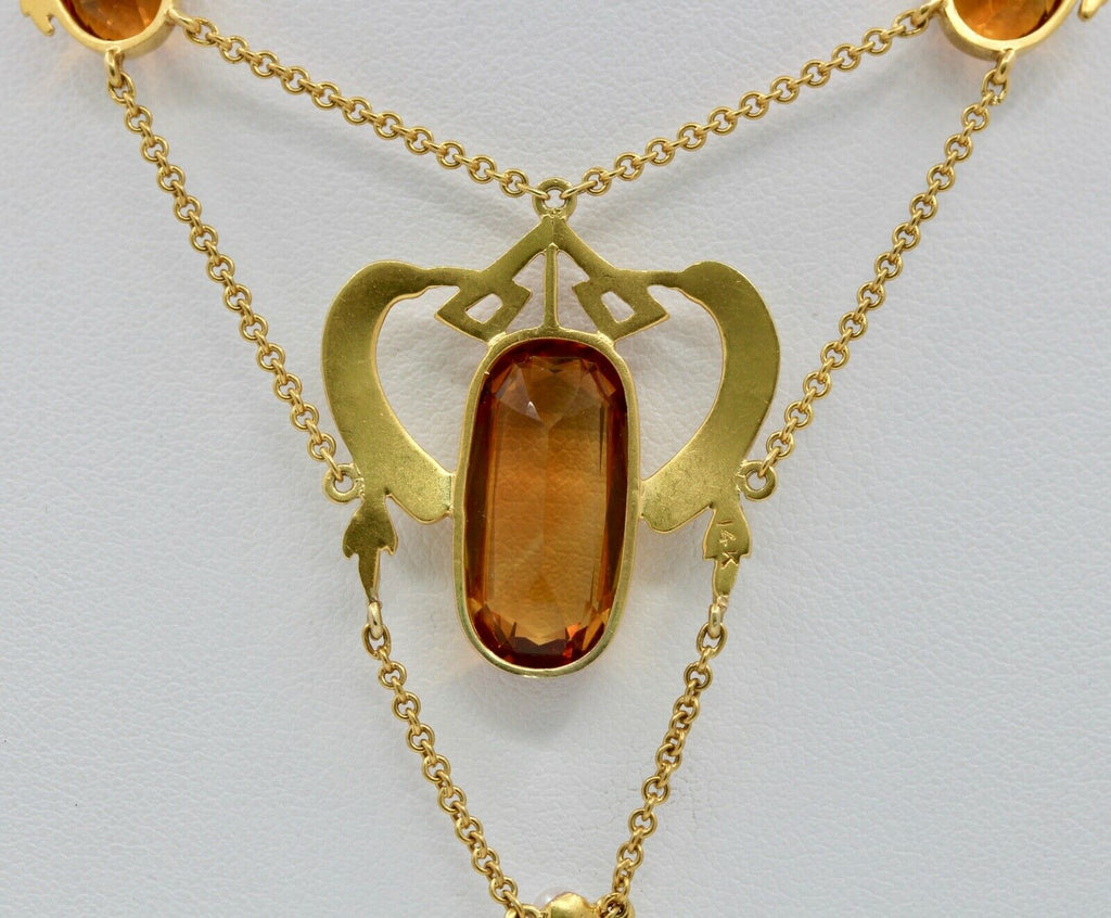 Art Nouveau 14K Yellow Gold Citrine Pearl Enamel Pendant Necklace
