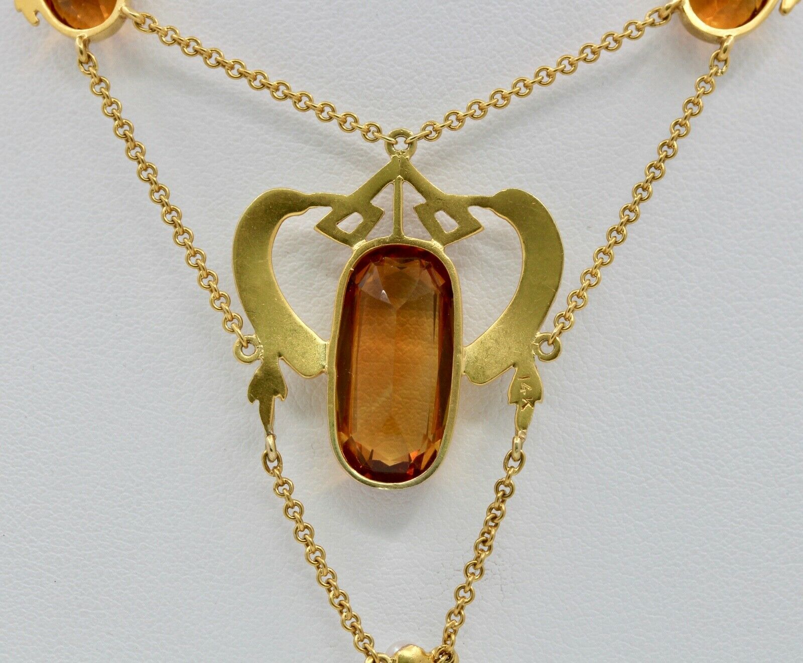 Art Nouveau 14K Yellow Gold Citrine Pearl Enamel Pendant Necklace