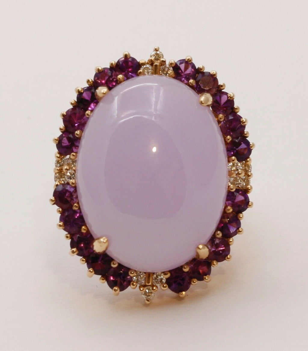 Vintage Statement Lavender Jade Amethyst Diamonds 14K Yellow Gold Ring