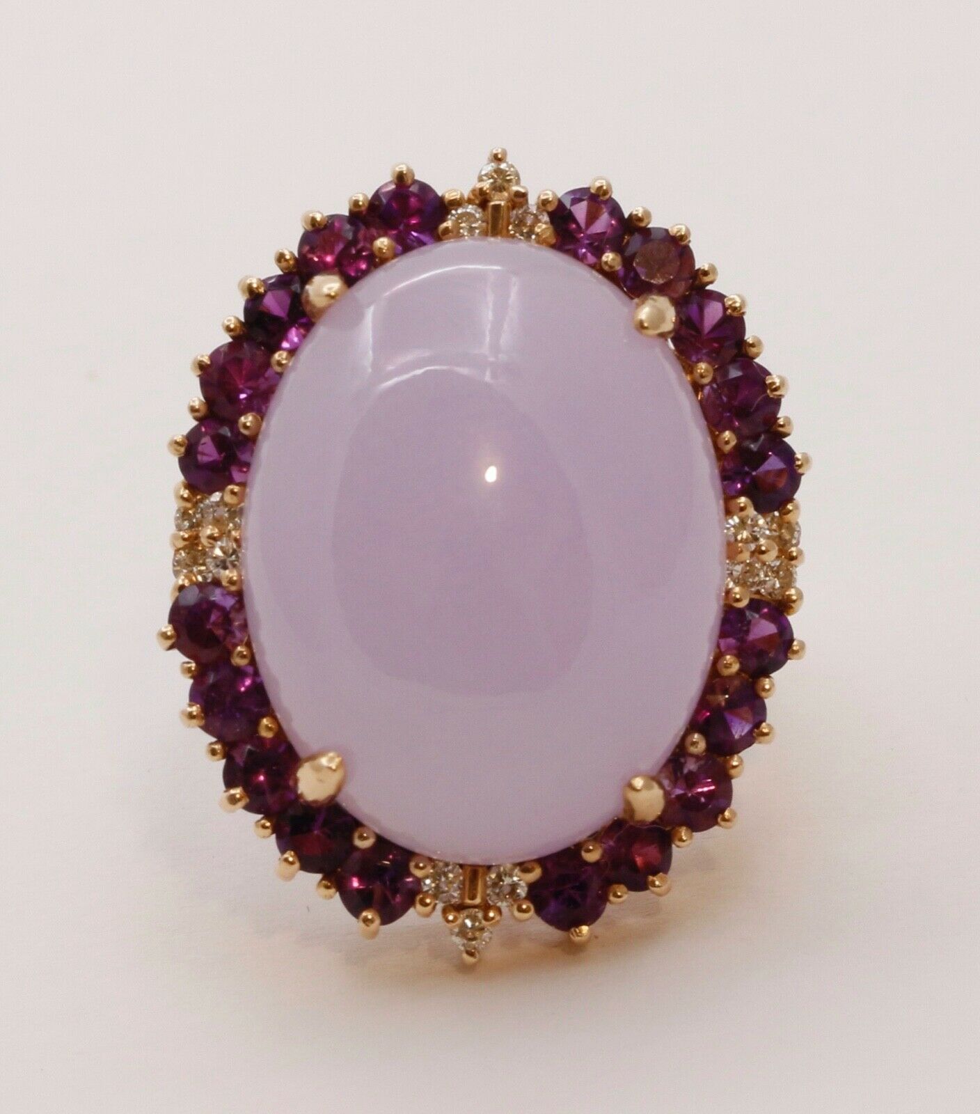 Vintage Statement Lavender Jade Amethyst Diamonds 14K Yellow Gold Ring