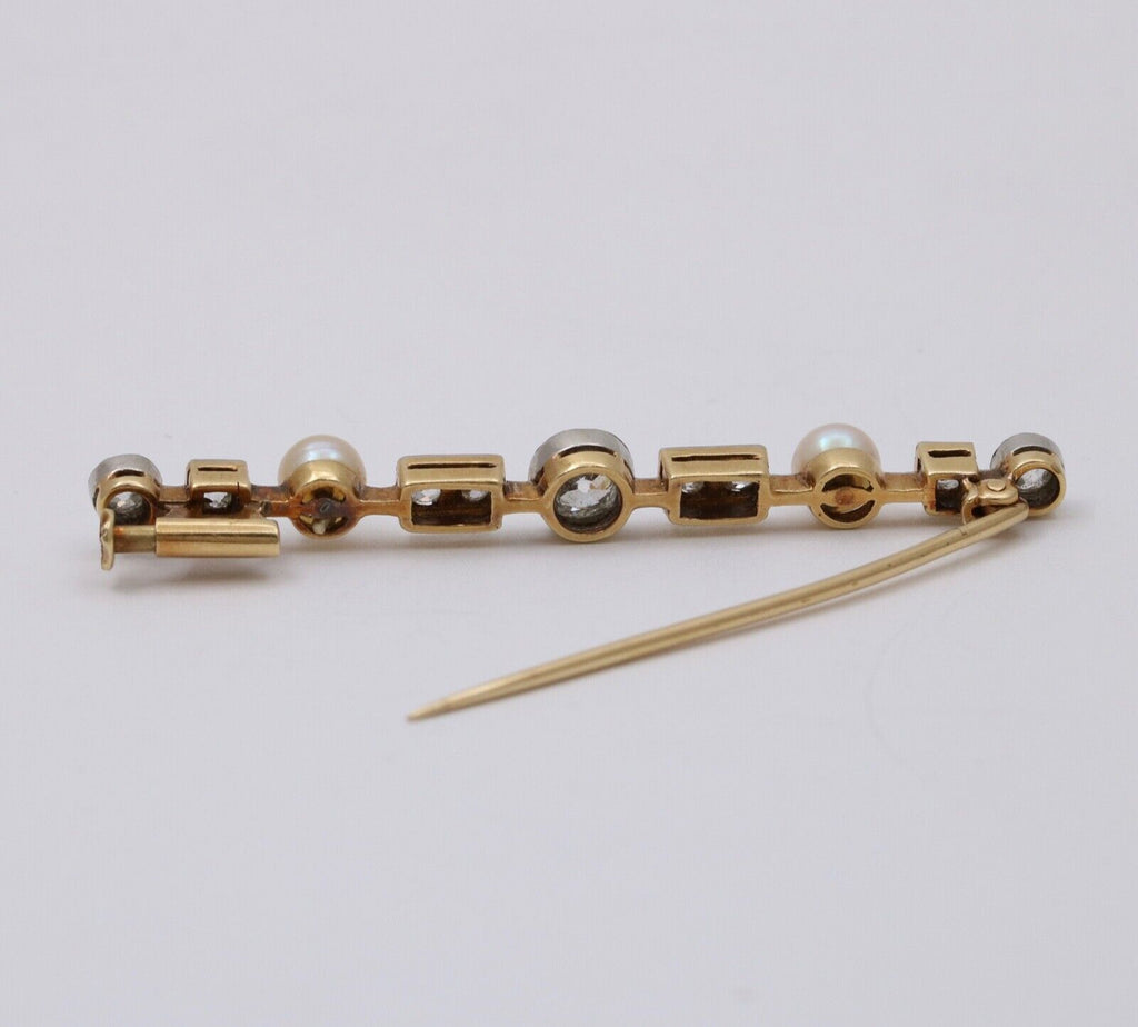 Antique Art Deco 18K Gold Diamond & Pearl Bar Pin.