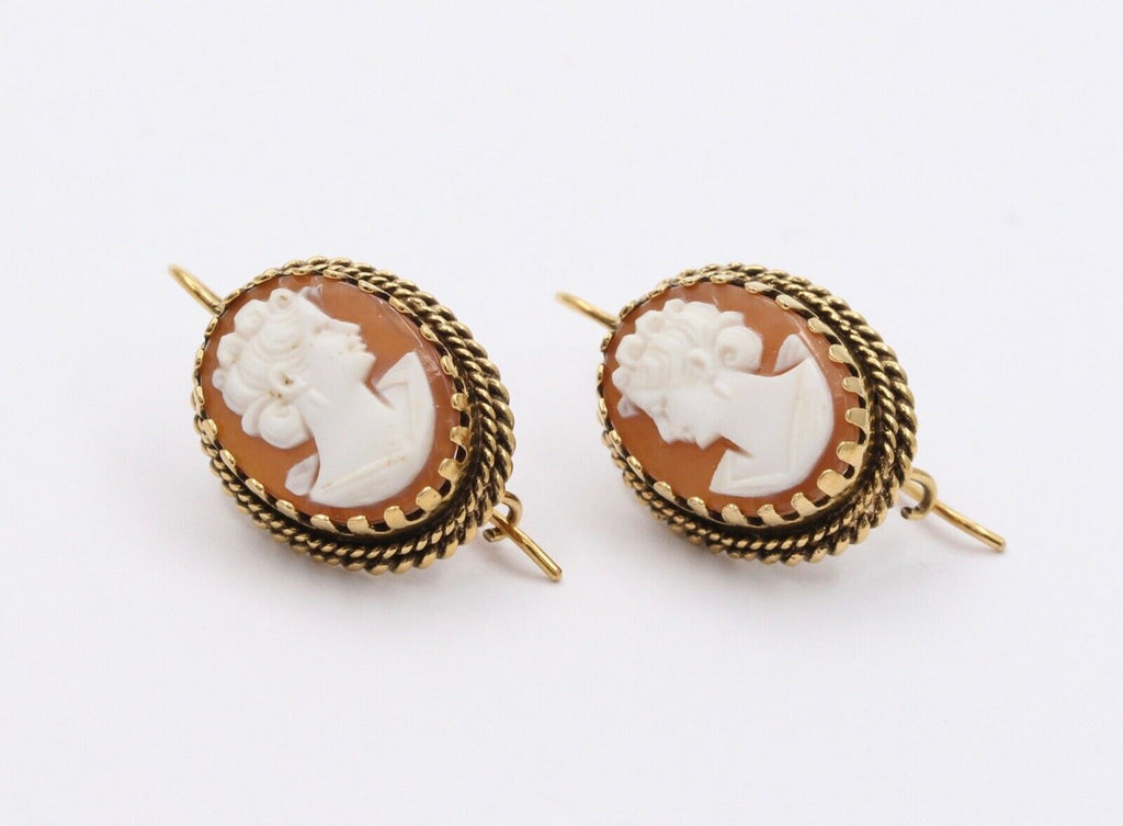 Victorian Revival Agate Cameo 14K Yellow Gold Earrings