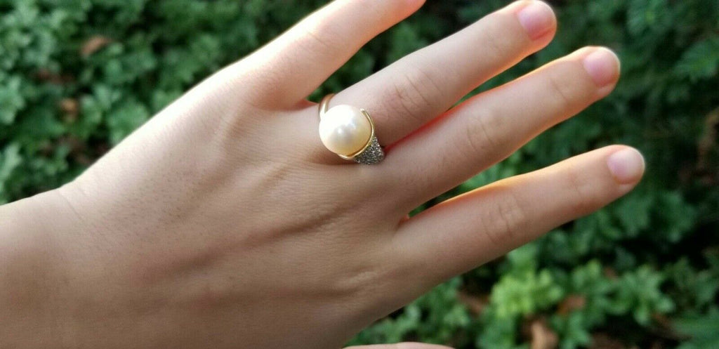 Vintage Platinum 18K Yellow Gold Diamond Pearl Cocktail Ring