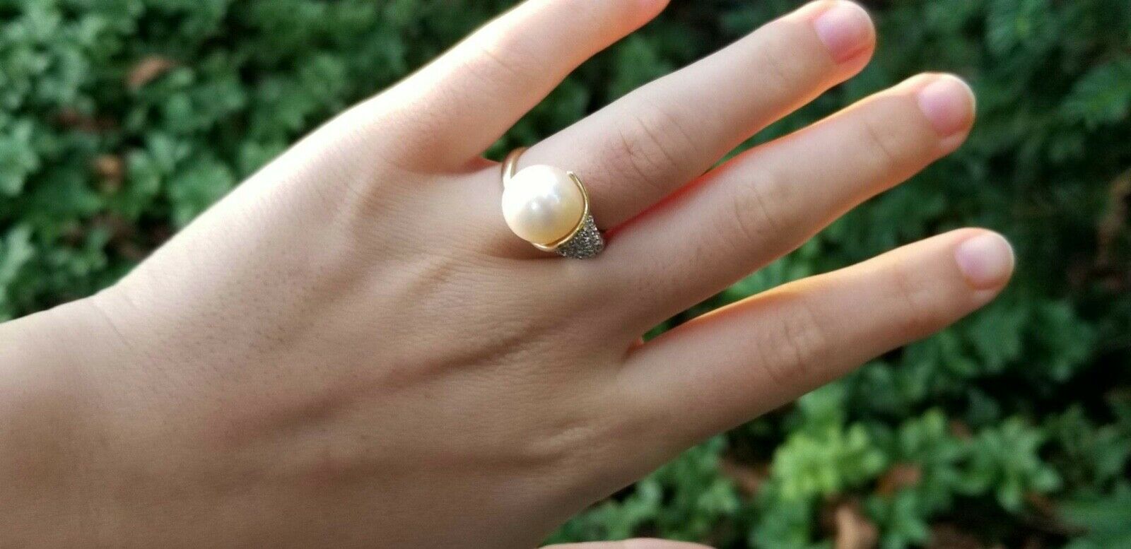 Vintage Platinum 18K Yellow Gold Diamond Pearl Cocktail Ring