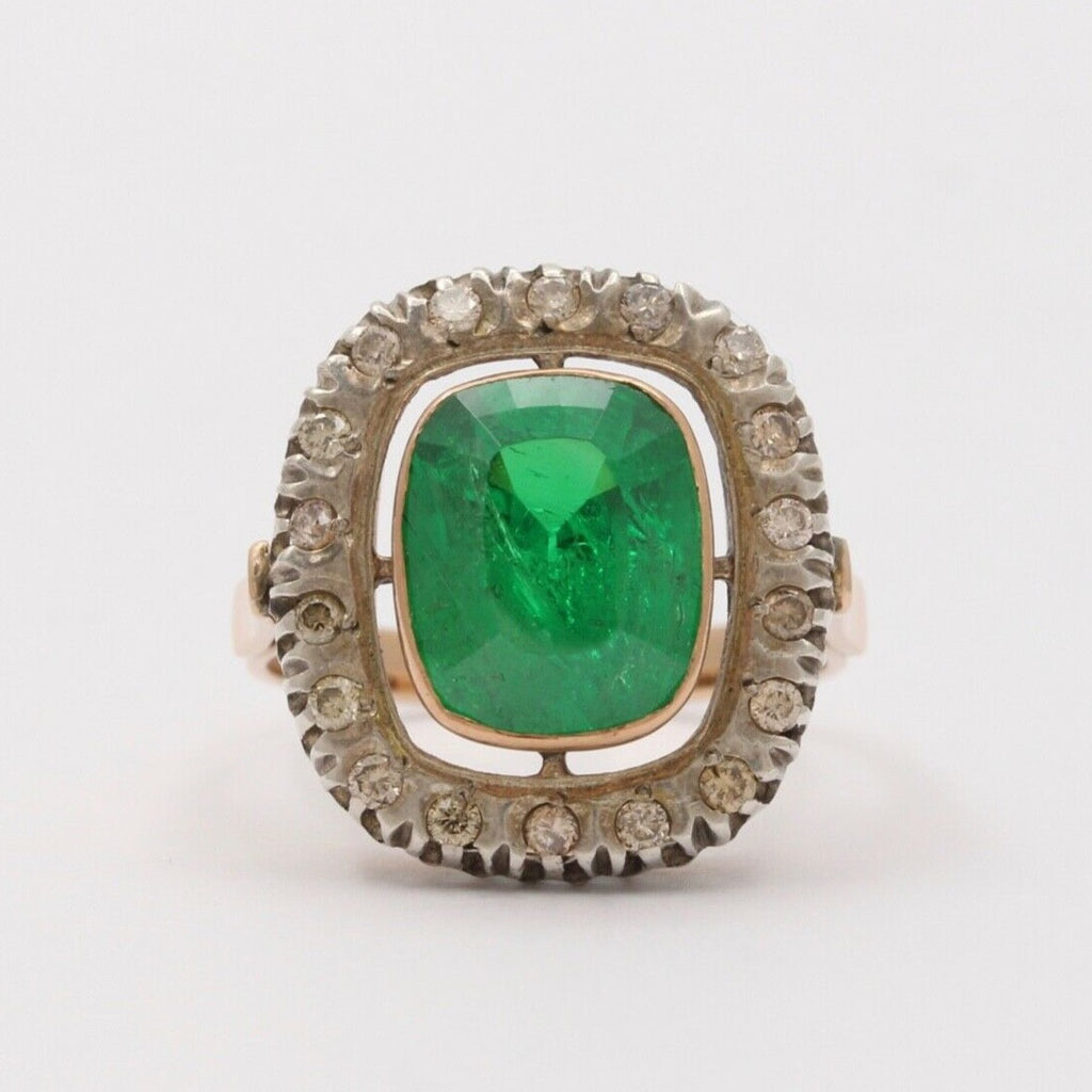 Vintage Emerald Diamonds 14K Yellow White Gold Ring